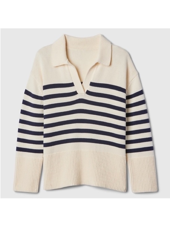 GAP Sweaters - GAP 100% Cotton Striped Collared Sweater Cream Navy Size M Oversized